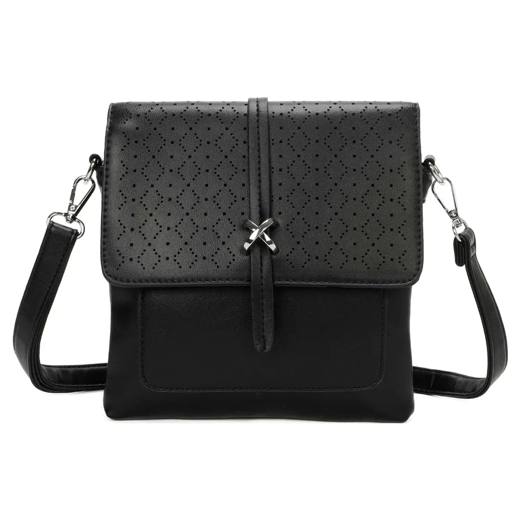 Black Fretwork Flap Over Crossbody Handbag