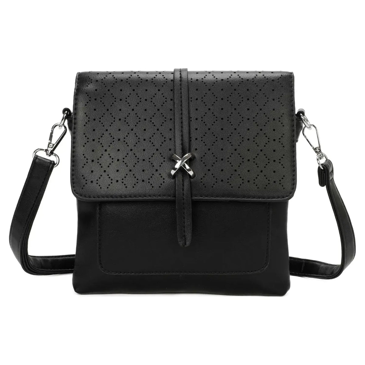 Black Fretwork Flap Over Crossbody Handbag