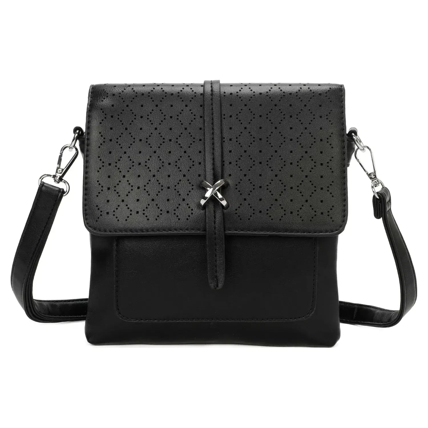 Black Fretwork Flap Over Crossbody Handbag