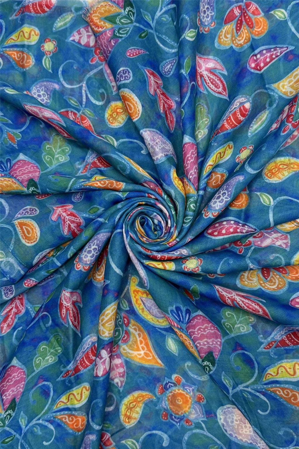 Watercolour Paisley Floral Print Frayed Scarf: Blue