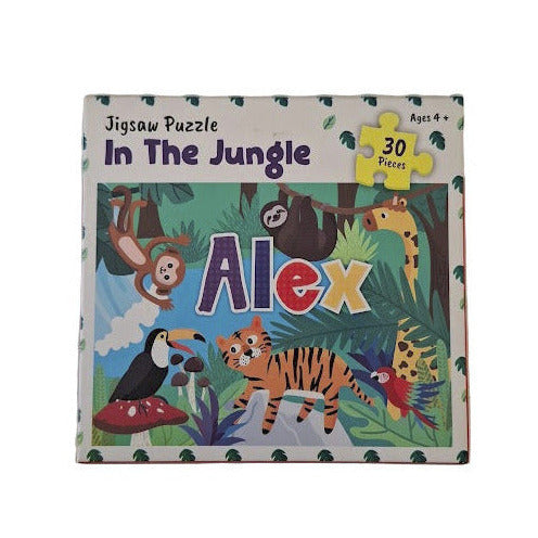 Jigsaw puzzle box titled 'In The Jungle Alex' with colorful illustrations of animals on a white background.