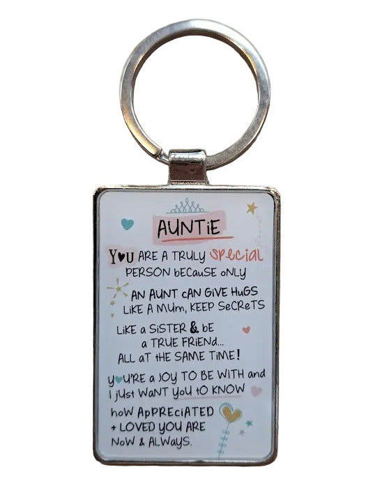 Keyring with a message for 'Auntie' on a white background