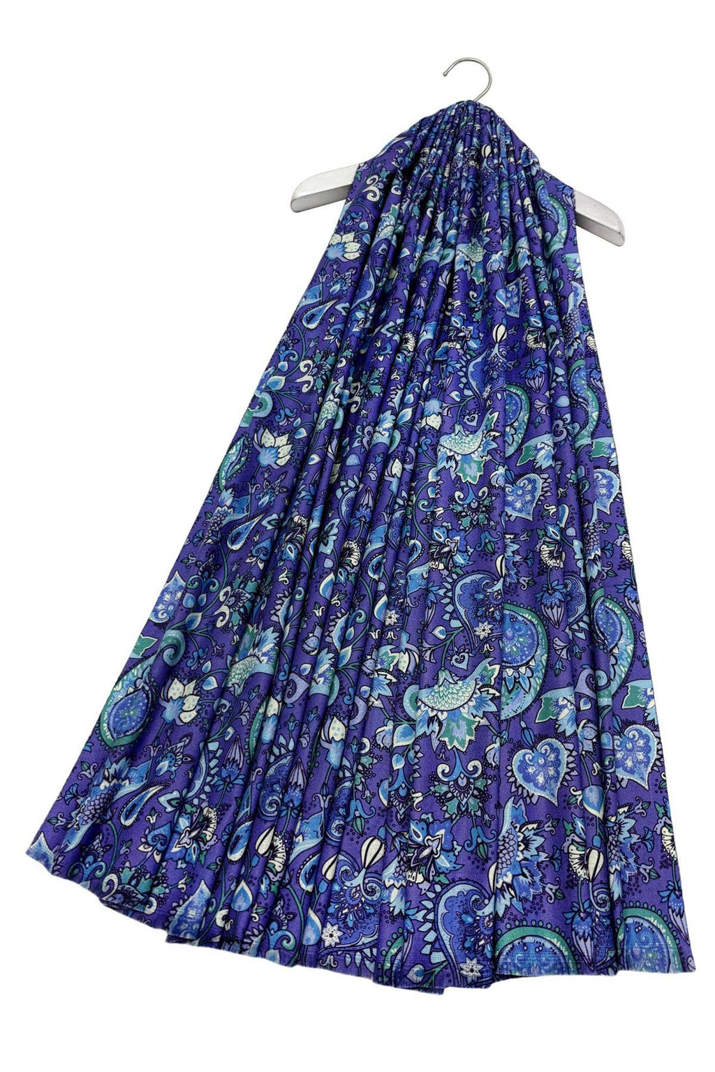 Lotus Paisley & Hearts Print Wool Frayed Scarf: Purple