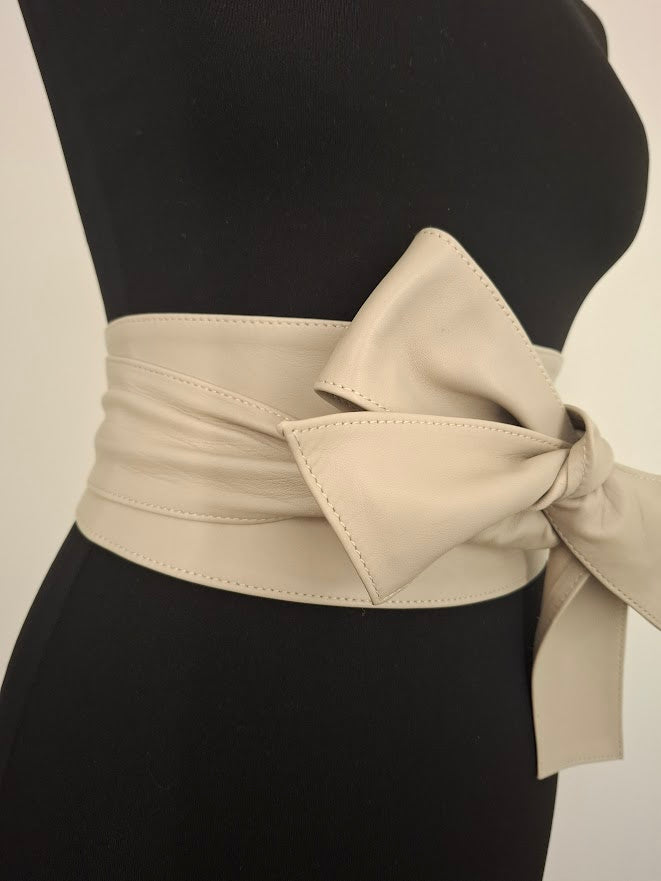 Beige-Grey Leather Obi Belt – Handmade Wrap Belt