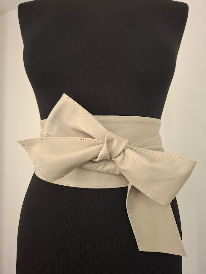 Beige-Grey Leather Obi Belt – Handmade Wrap Belt