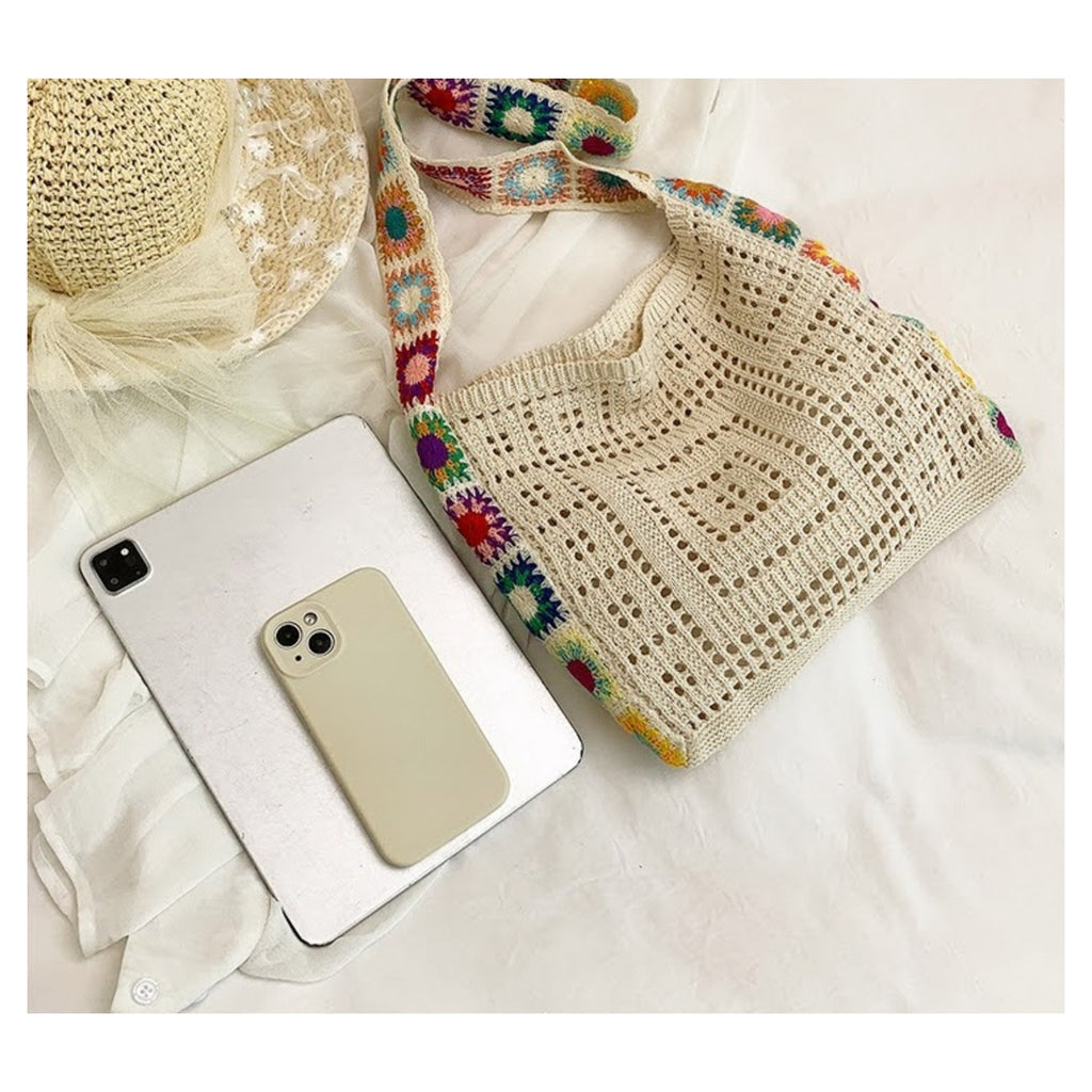 Beige Shoulder Crochet Bag with Flower Details at the Side
