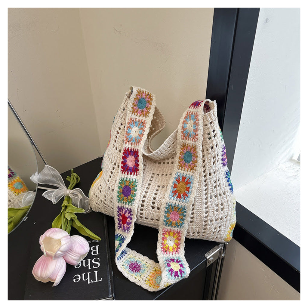 Beige Shoulder Crochet Bag with Flower Details at the Side