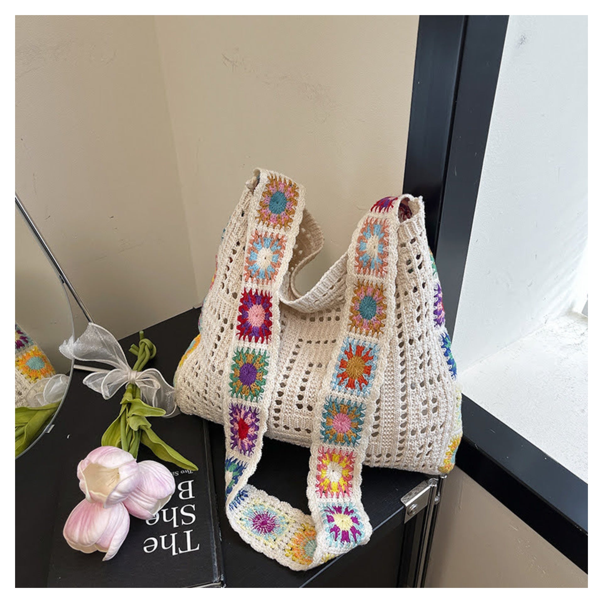 Beige Shoulder Crochet Bag with Flower Details at the Side
