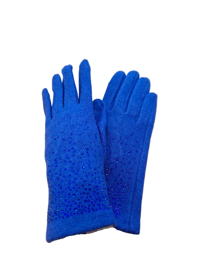 A pair of royal blue knit gloves decorated with rhinestones.