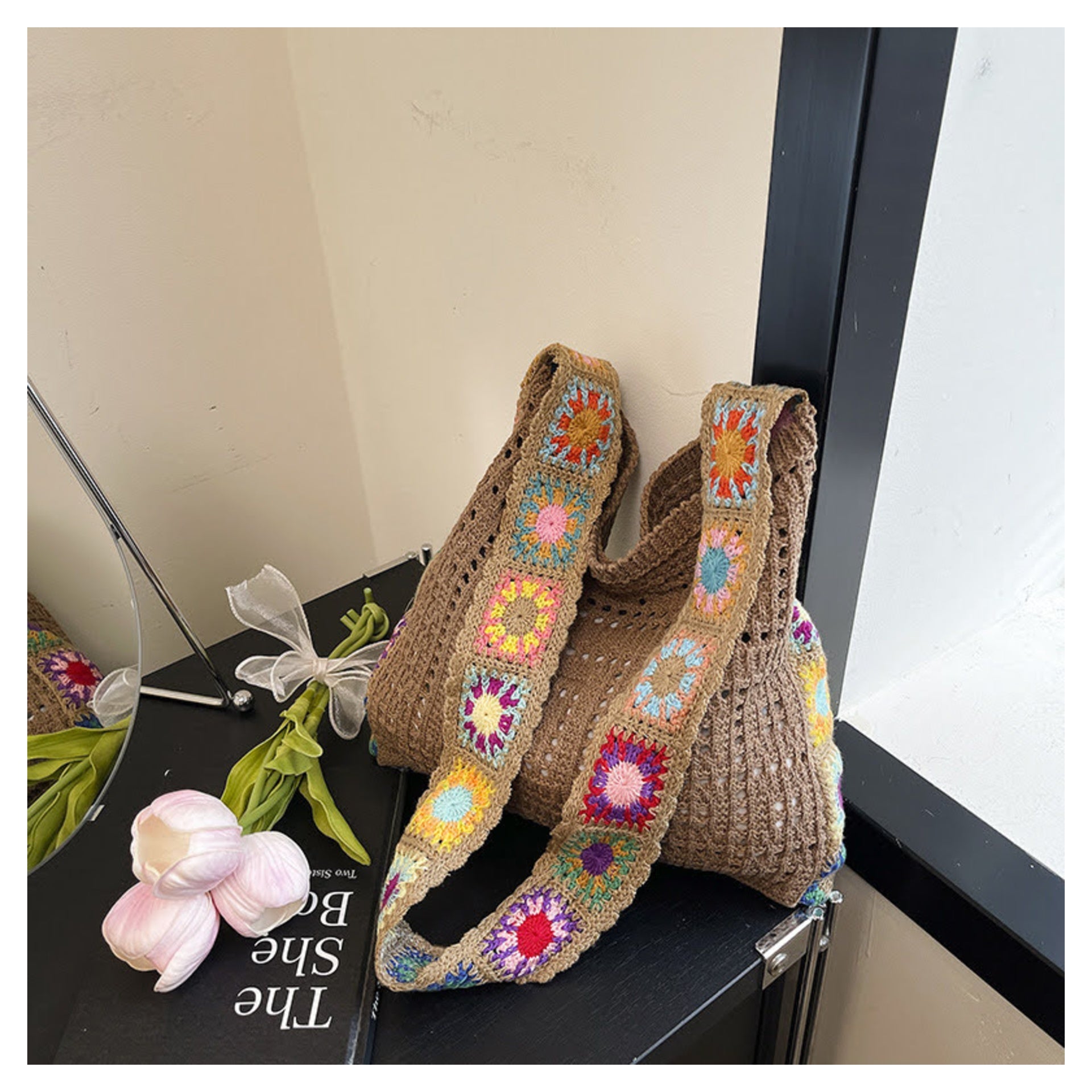 Taupe Shoulder Crochet Bag with Flower Details at the Side