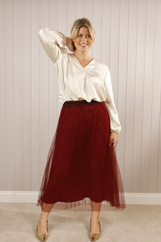 Burgundy Pleated Tulle Maxi Skirt