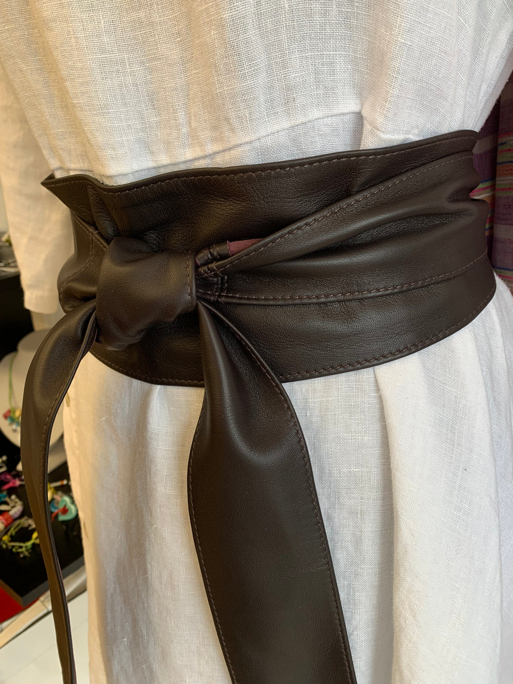 Dark Burgundy Leather Obi Belt – Handmade Wrap Belt