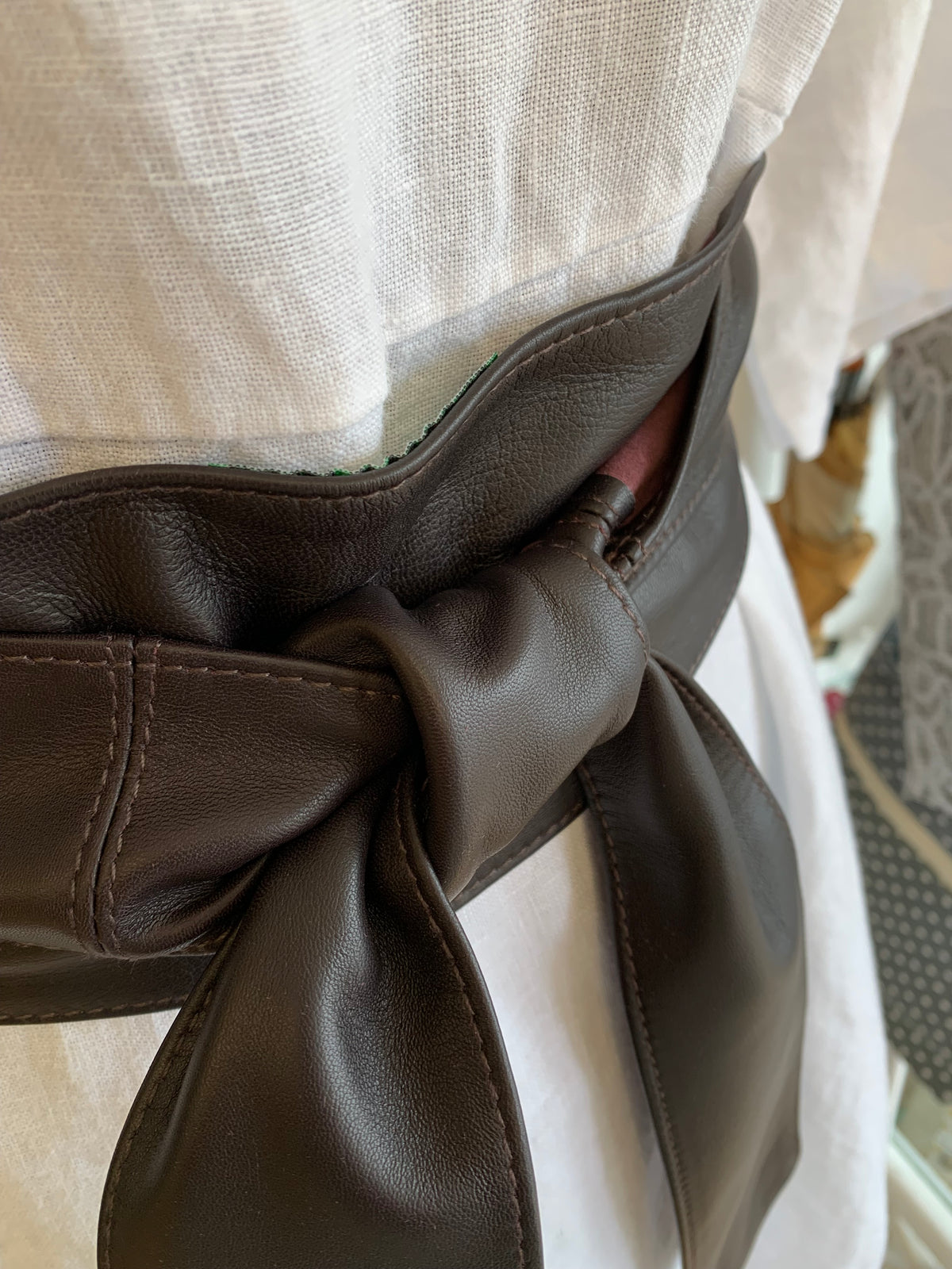 Dark Burgundy Leather Obi Belt – Handmade Wrap Belt