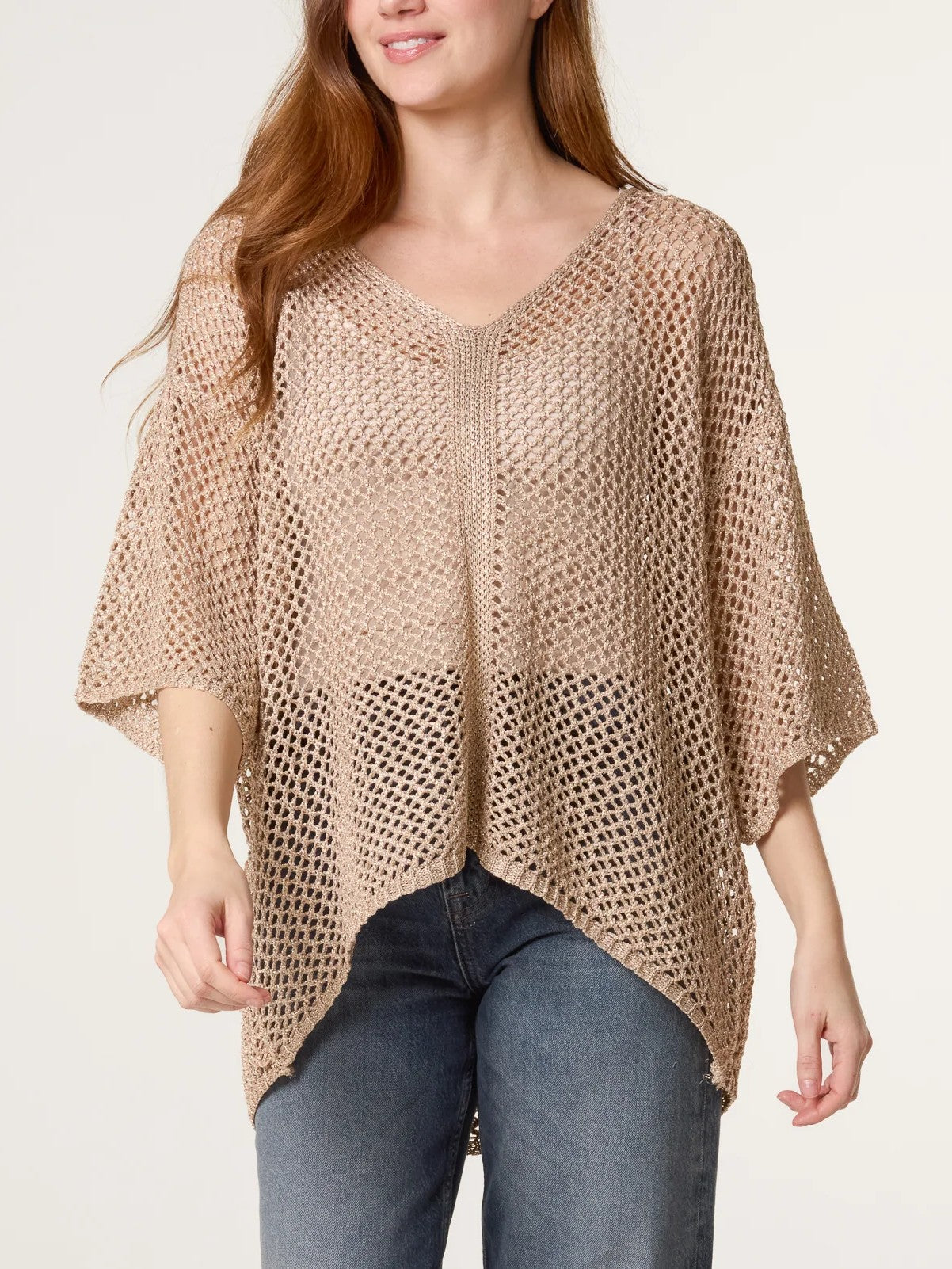 Metallic Detail V-Neck Net Top