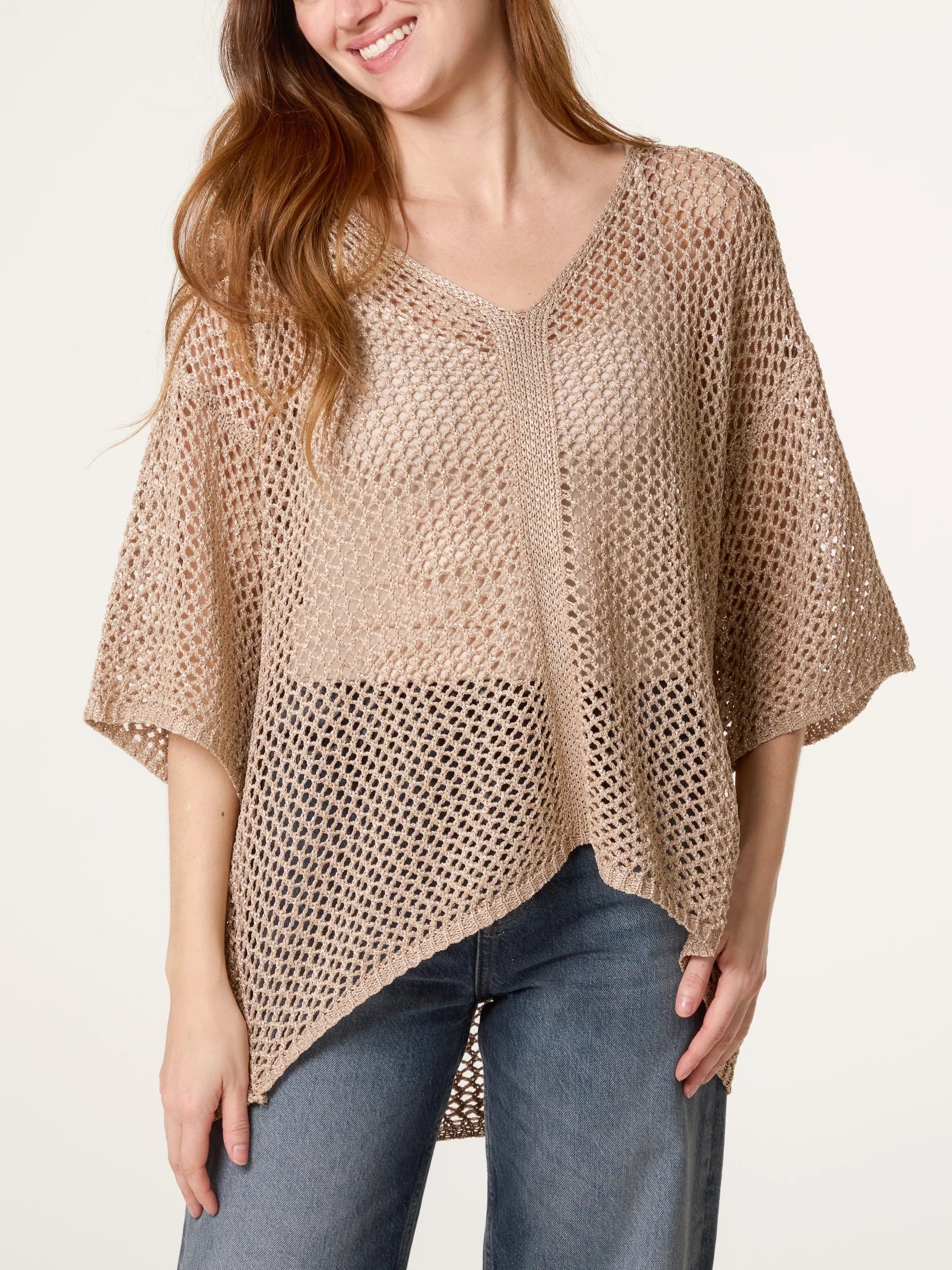 Metallic Detail V-Neck Net Top
