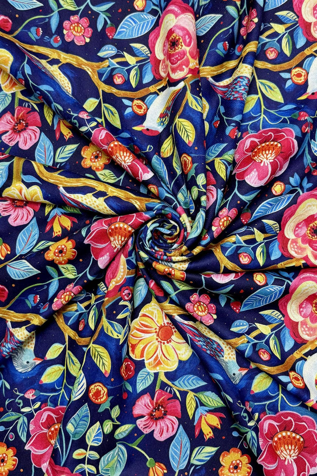 Enchanting Bird & Floral Print Wool Frayed Scarf: Blue