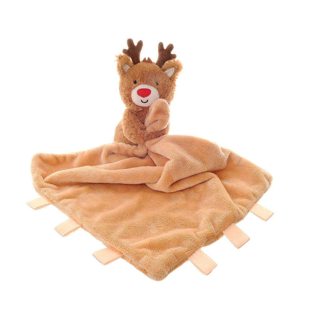 Comfort blanket with a plush raindeer on a white background