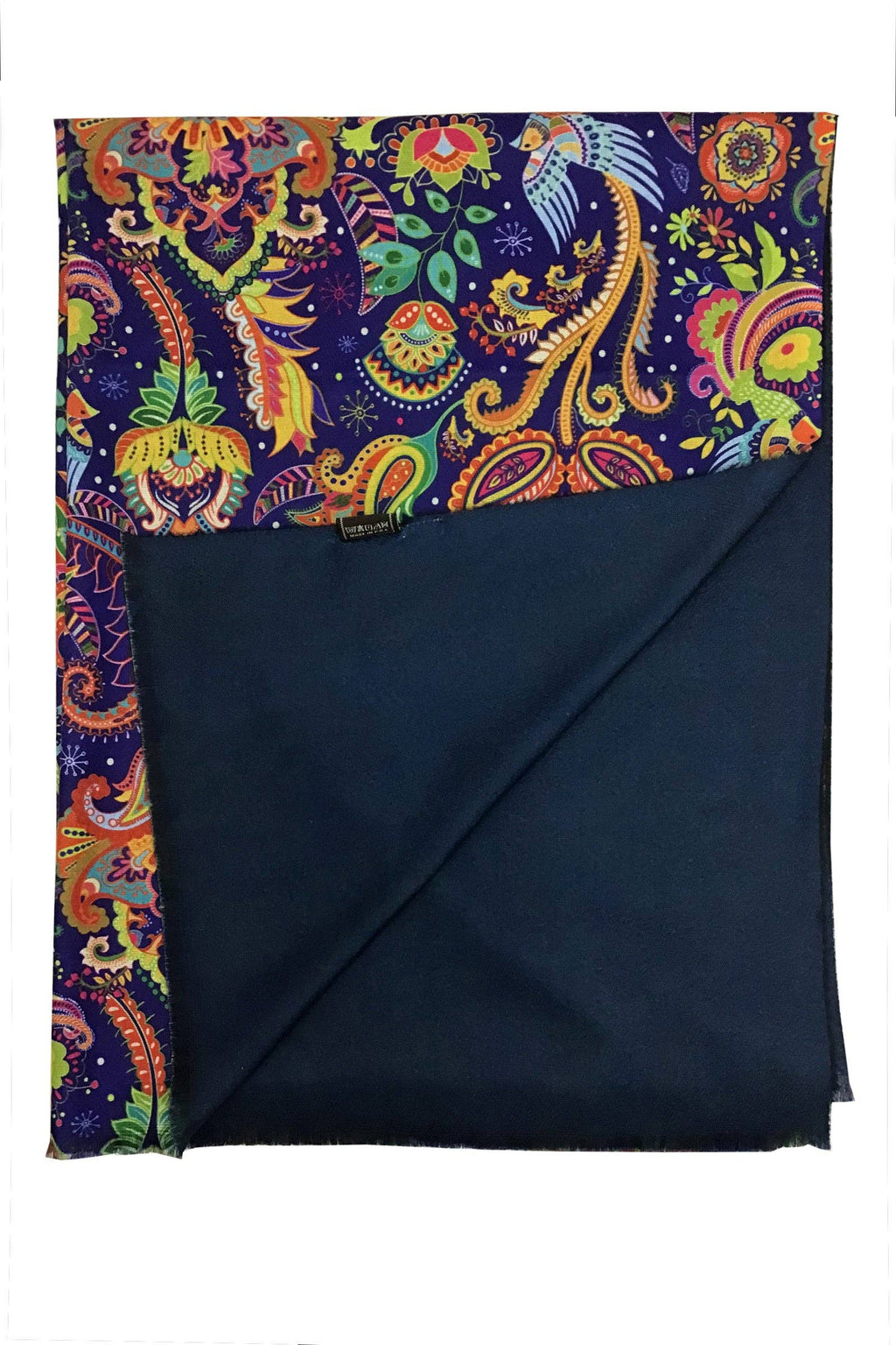 Detailed Paisley & Bird Print Wool Scarf: Blue