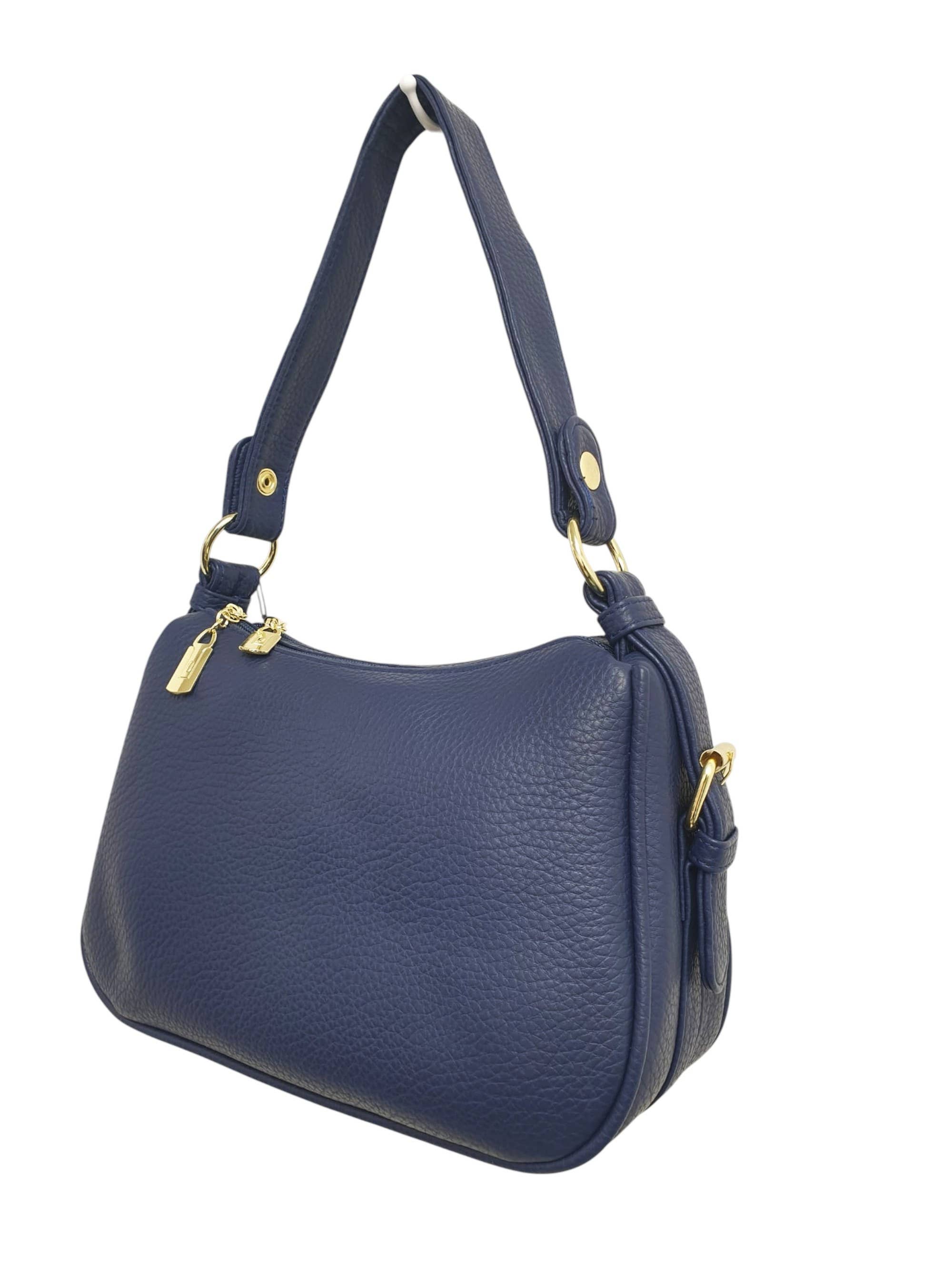 Navy Soft PU Hobo Shoulder Bag with Gold Hardware
