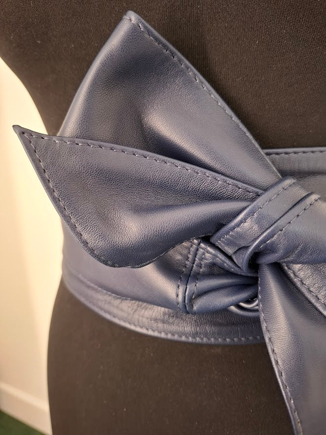 Dark Blue Leather Obi Belt – Handmade Wrap Belt