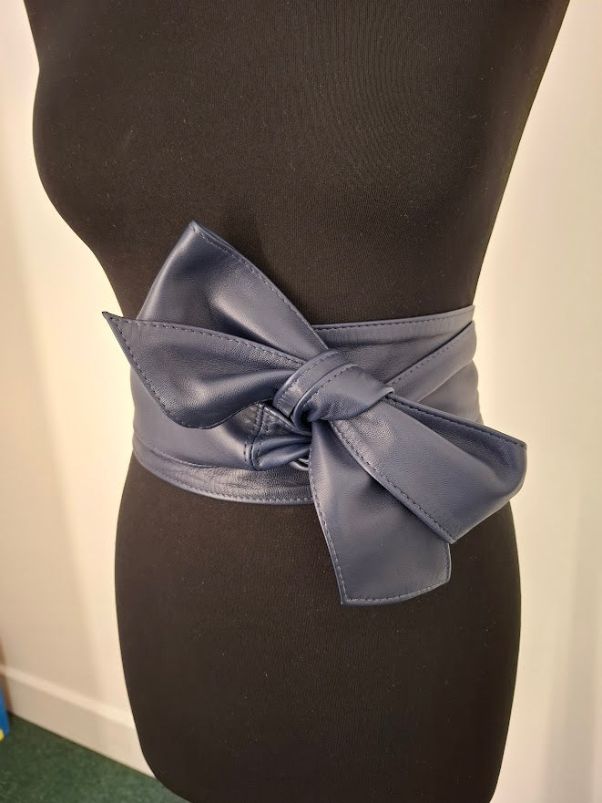 Dark Blue Leather Obi Belt – Handmade Wrap Belt