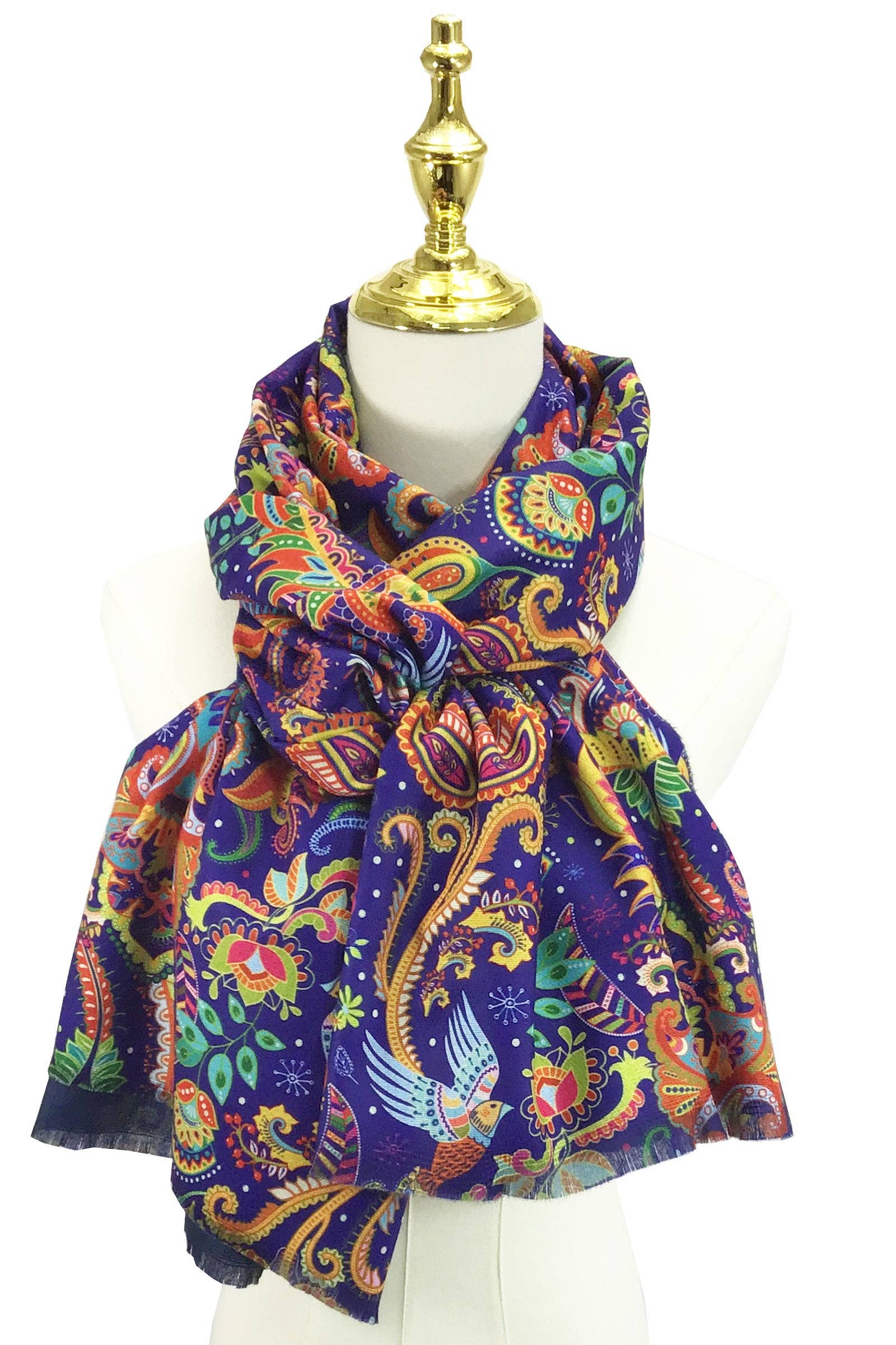 Detailed Paisley & Bird Print Wool Scarf: Blue