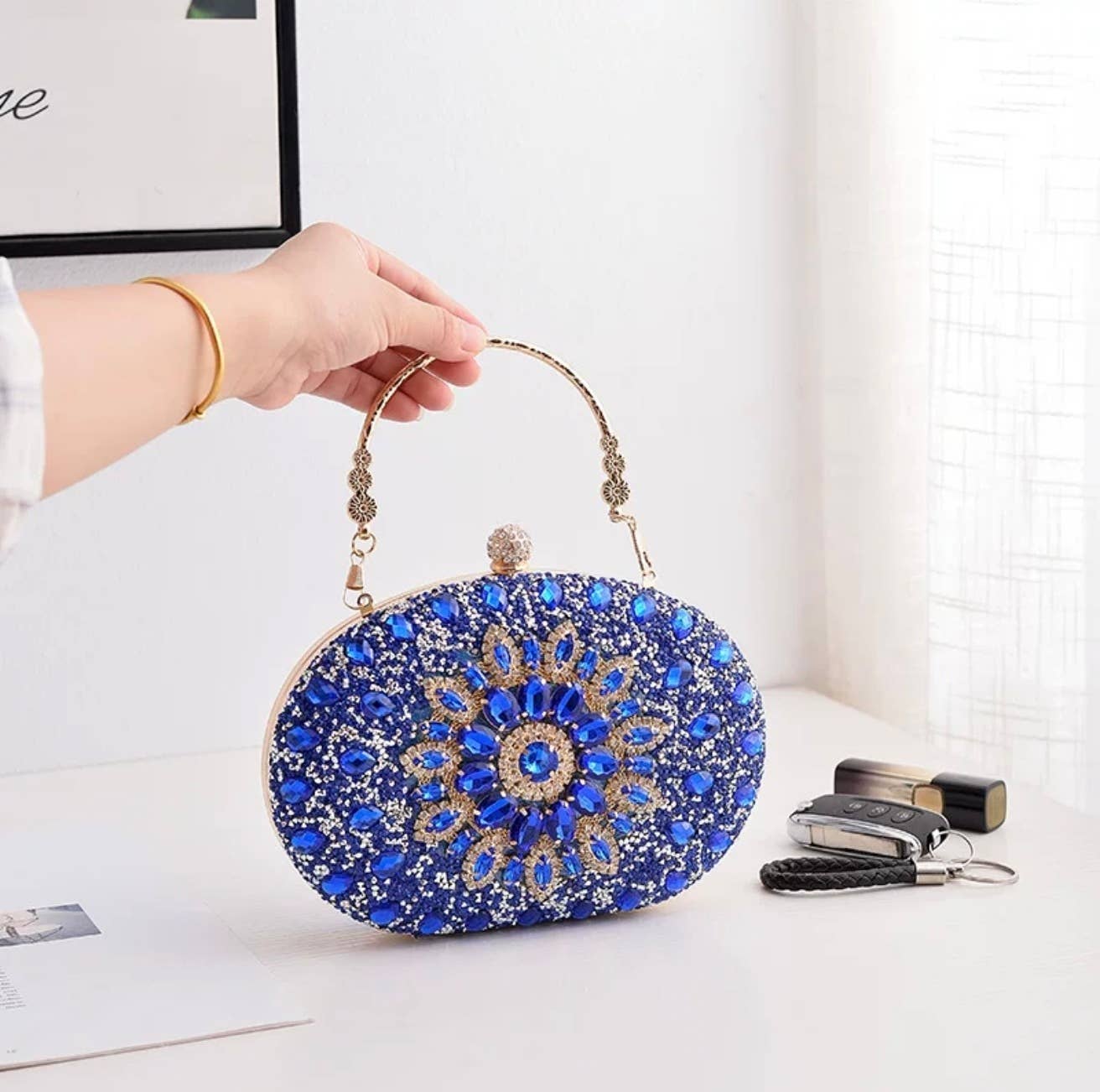Royal Blue Beaded Embellished Evening Clutch Bag