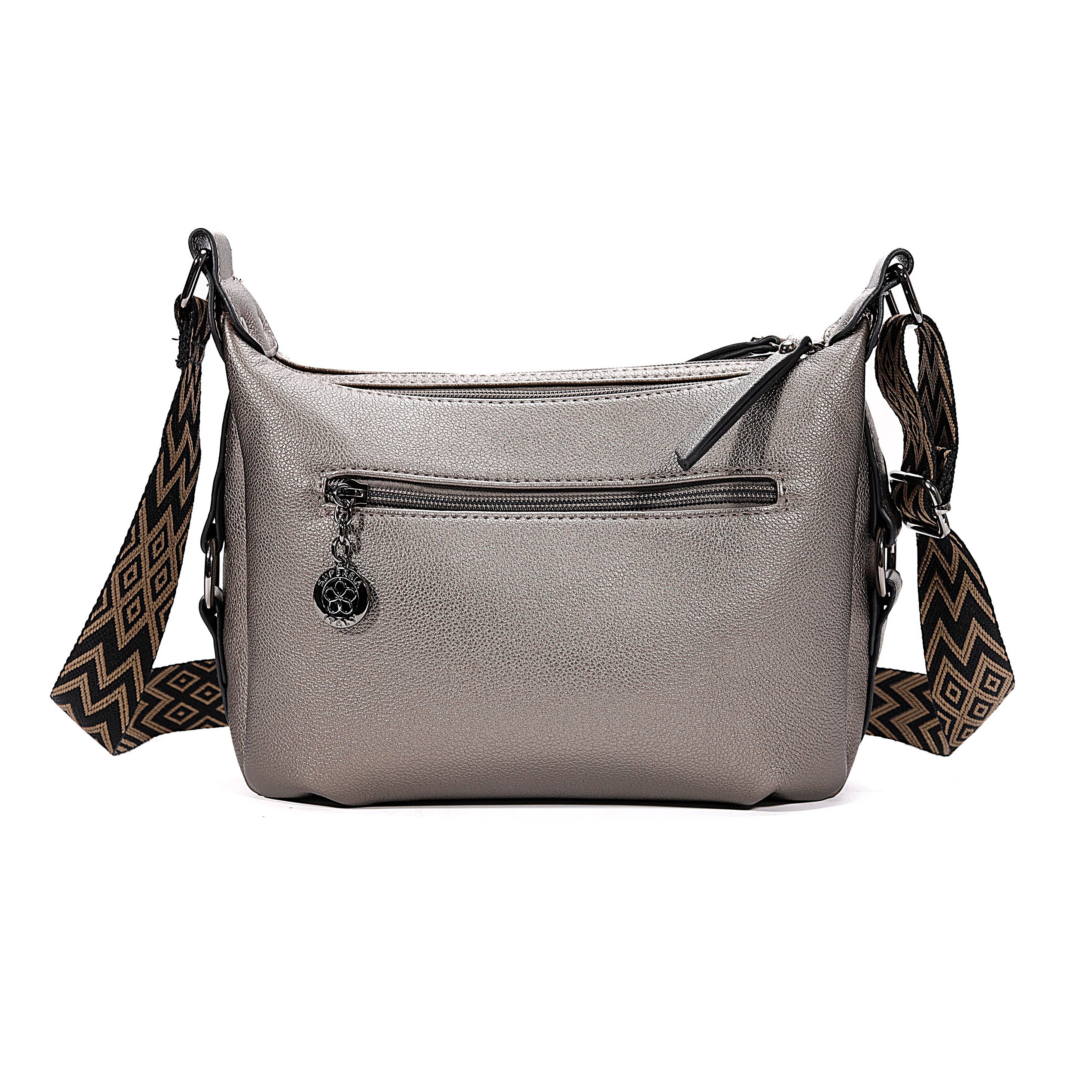 Black Textured Shoulder Bag with Patterned Strap