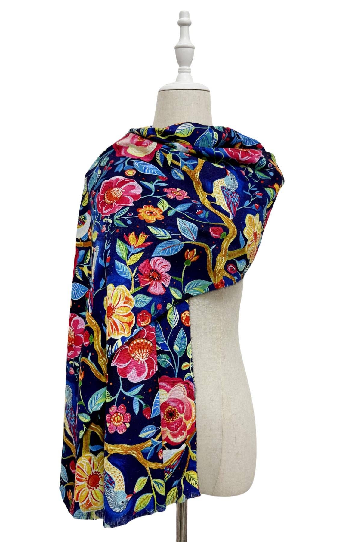 Enchanting Bird & Floral Print Wool Frayed Scarf: Blue