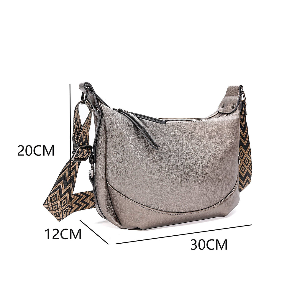 Black Textured Shoulder Bag with Patterned Strap