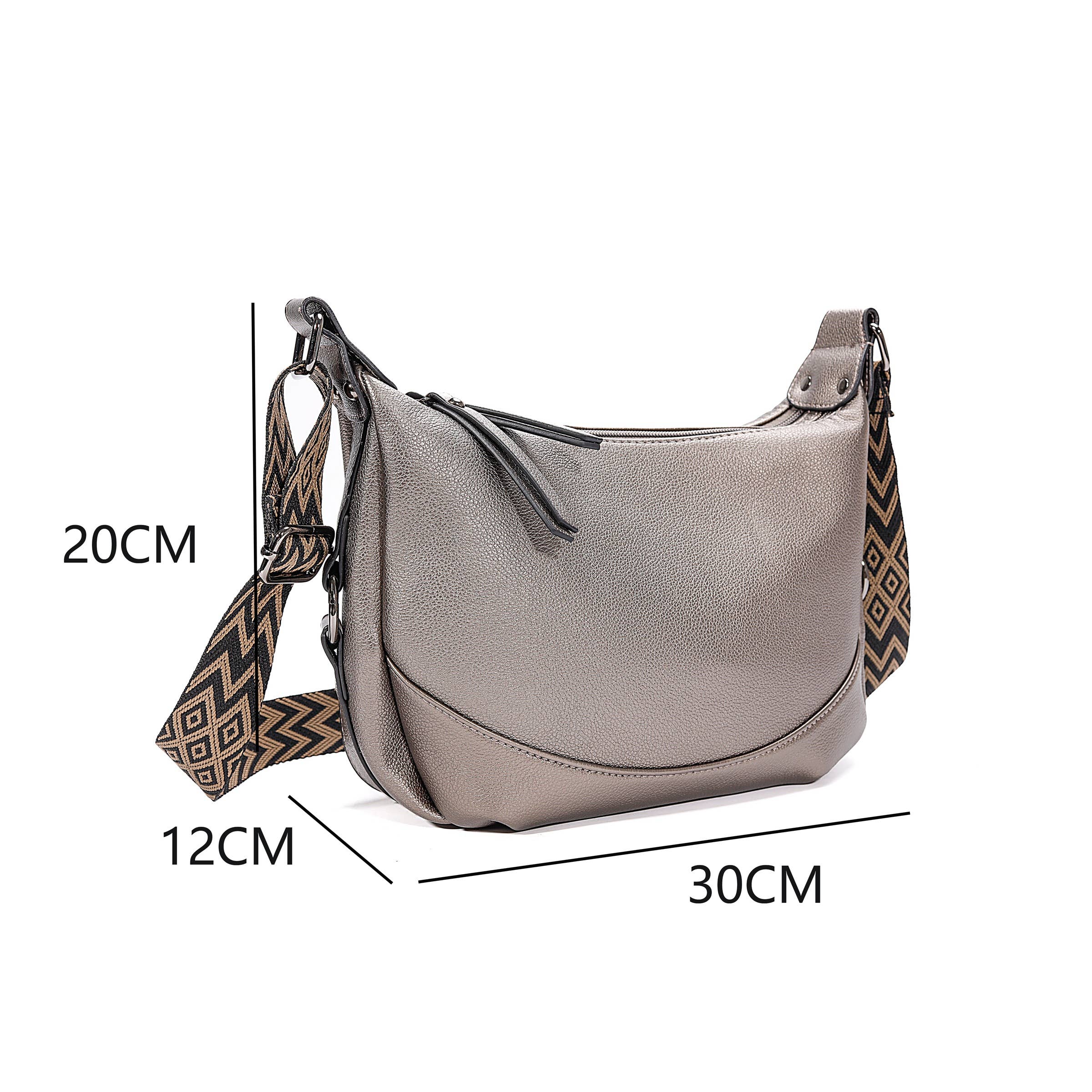 Black Textured Shoulder Bag with Patterned Strap