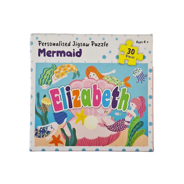 Personalised mermaid jigsaw puzzle for a child named Elizabeth on a white background