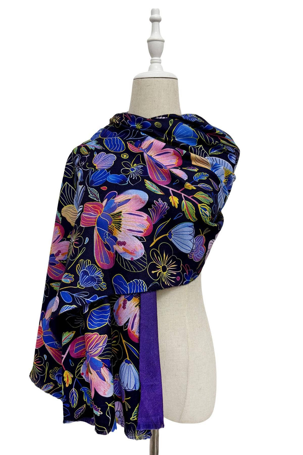 Colourful Orchid Print Wool Frayed Scarf: Purple