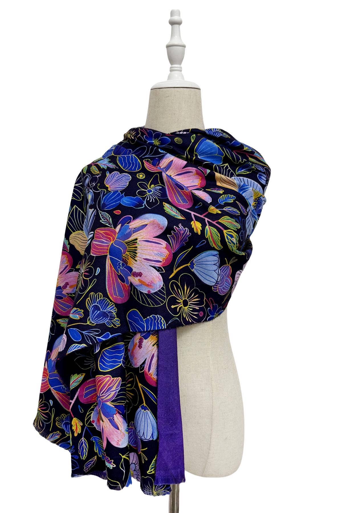 Colourful Orchid Print Wool Frayed Scarf: Purple