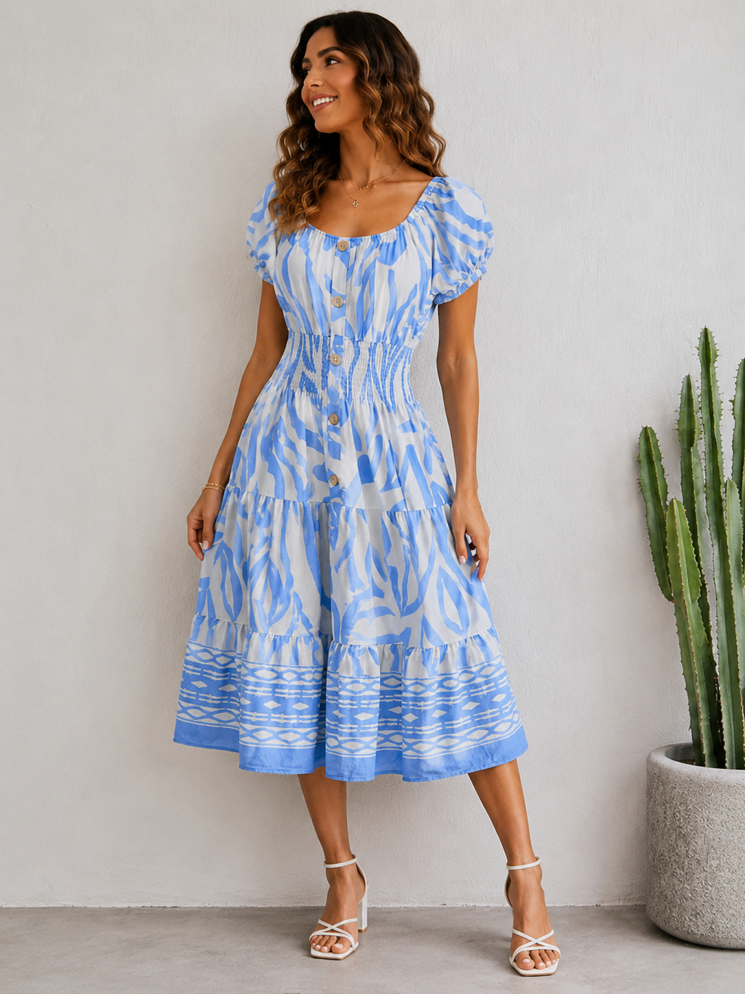 Irene Light Blue Puff Sleeve Smocked Waist Midi Dress