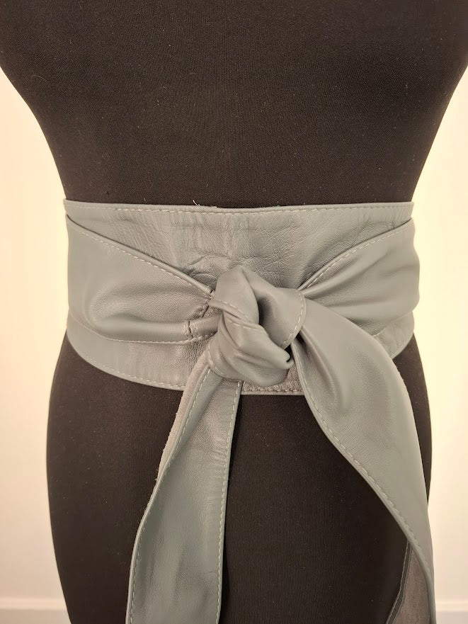 Light Grey Leather Obi Belt – Handmade Wrap Belt