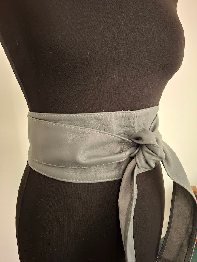 Light Grey Leather Obi Belt – Handmade Wrap Belt