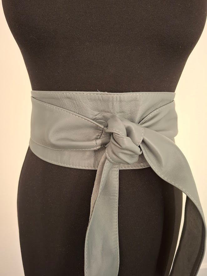Light Grey Leather Obi Belt – Handmade Wrap Belt