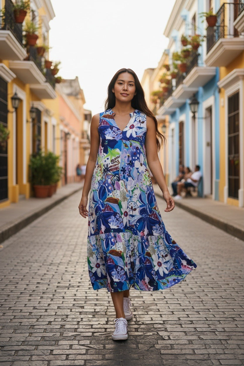 Woman wearing a blue floral print maxi dress with pockets, lightweight viscose fabric and floaty silhouette on a sunny street.