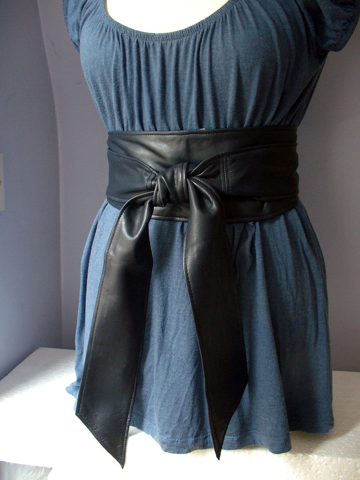 Classic Navy Leather Obi Belt – Handmade Wrap Belt