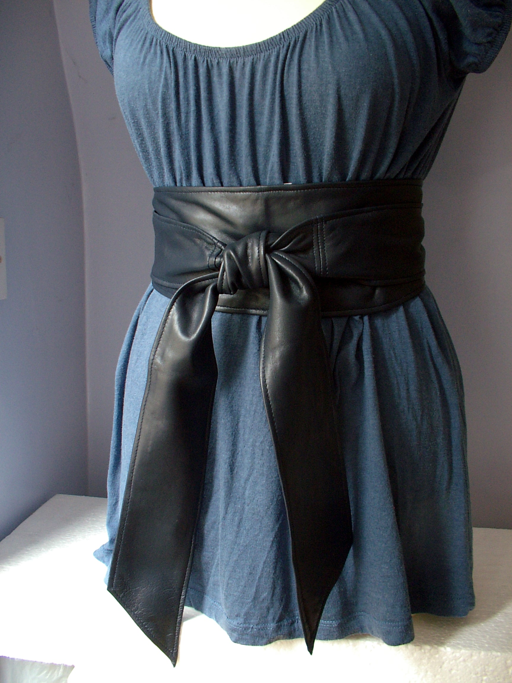 Classic Navy Leather Obi Belt – Handmade Wrap Belt