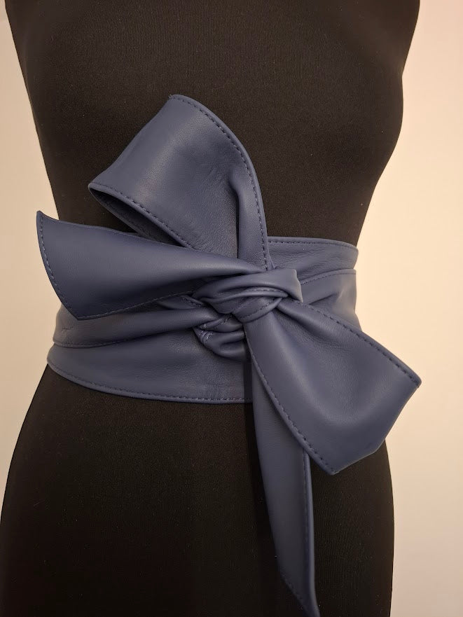 Matte Navy Blue Leather Obi Belt – Handmade Wrap Belt