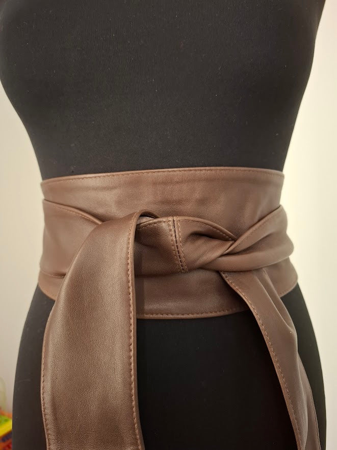 Mocha Brown Leather Obi Belt - Handmade Wrap Belt