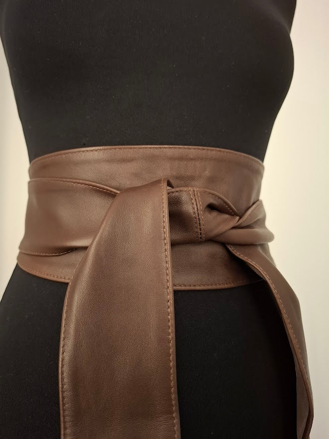 Mocha Brown Leather Obi Belt - Handmade Wrap Belt