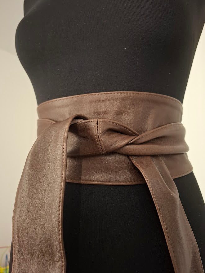 Mocha Brown Leather Obi Belt - Handmade Wrap Belt