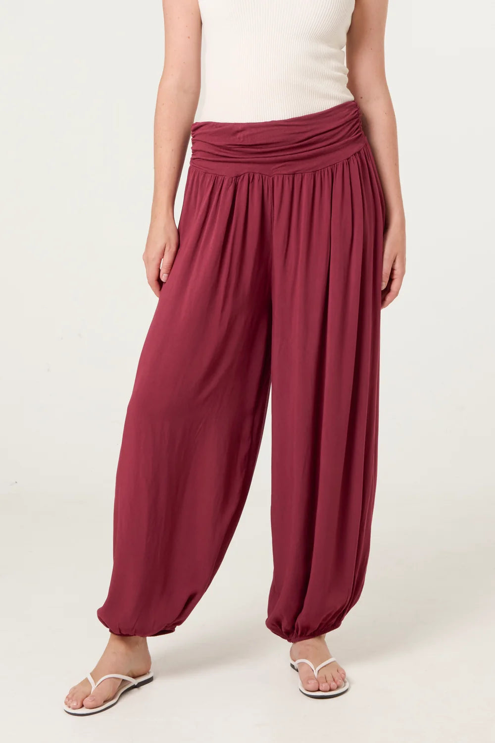 Women’s Burgundy Harem Pants – Relaxed Boho Trousers with Elasticated Cuffed Ankles