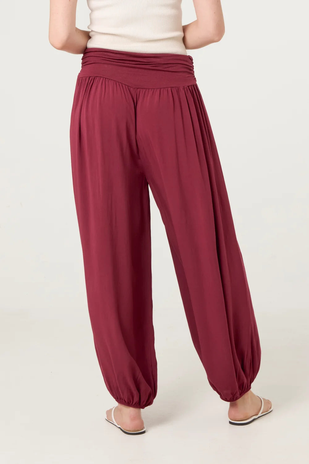 Women’s Burgundy Harem Pants – Relaxed Boho Trousers with Elasticated Cuffed Ankles