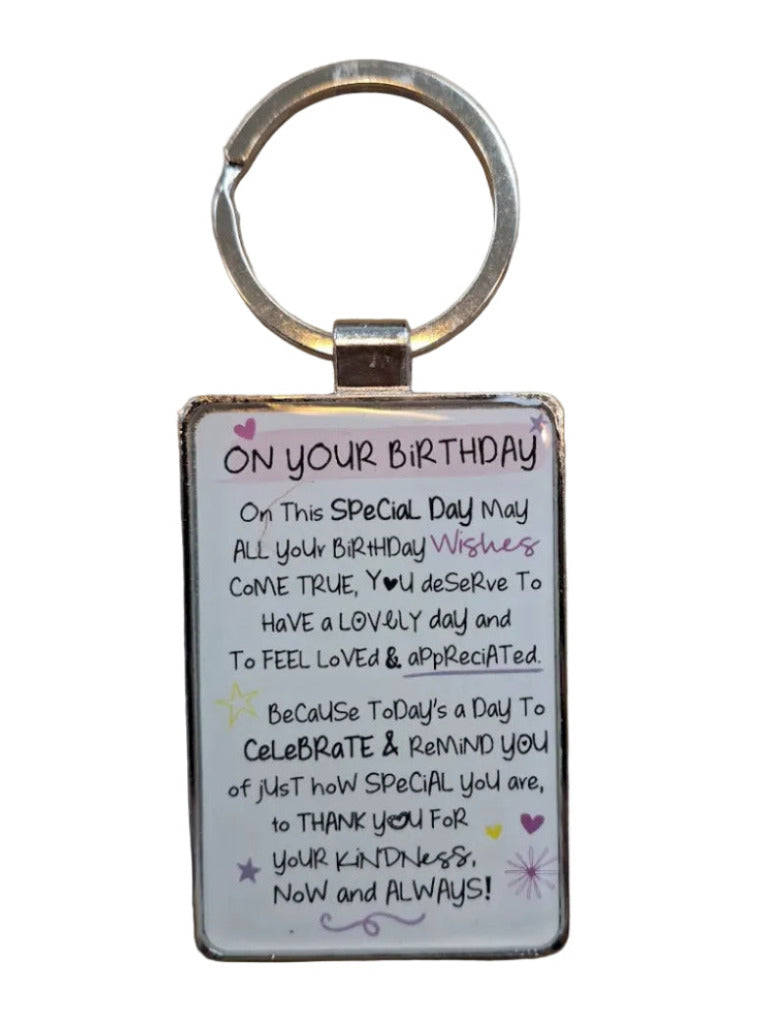 Keyring with birthday message on a white background