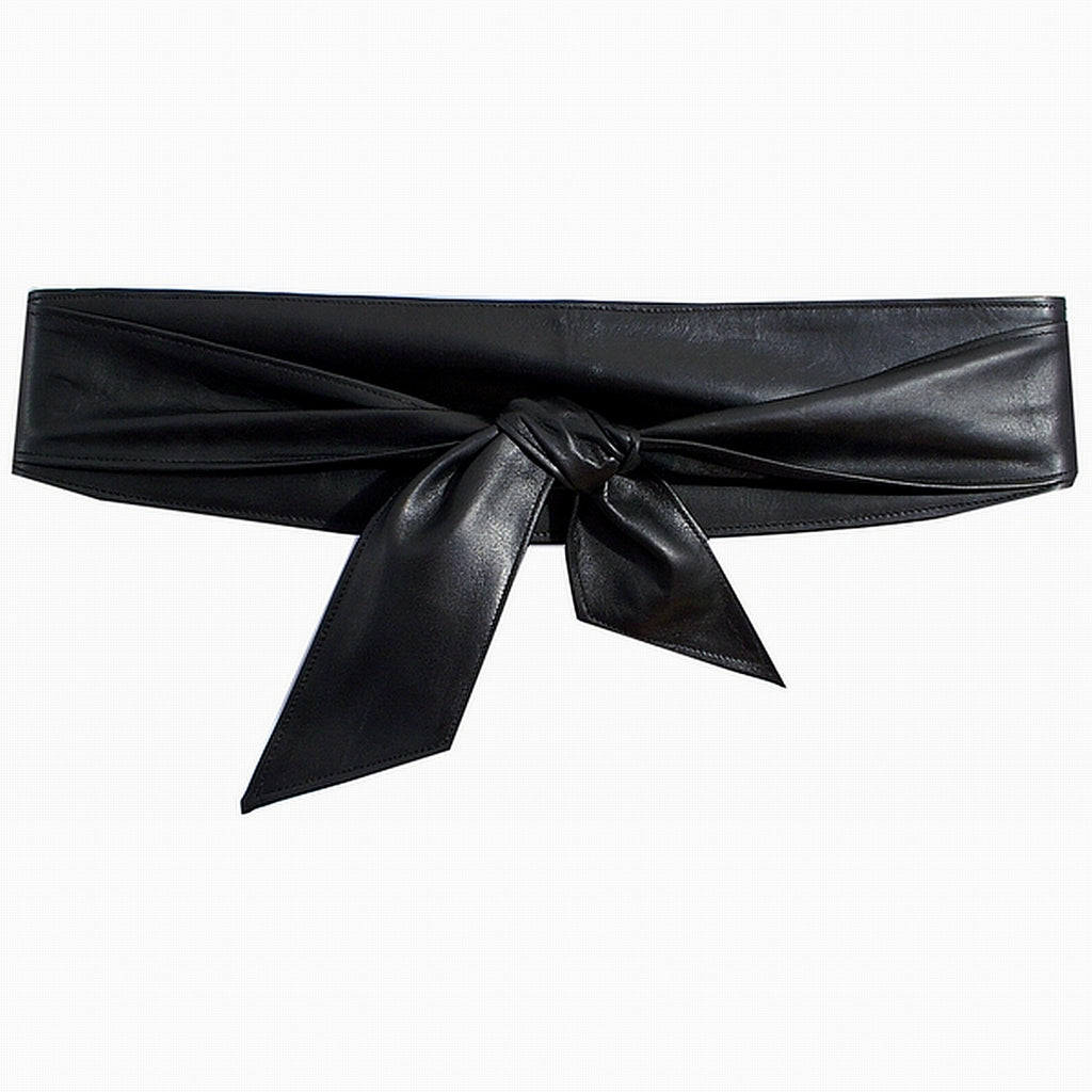 A wide black leather belt styled in a knot, presented flat against a solid white background.