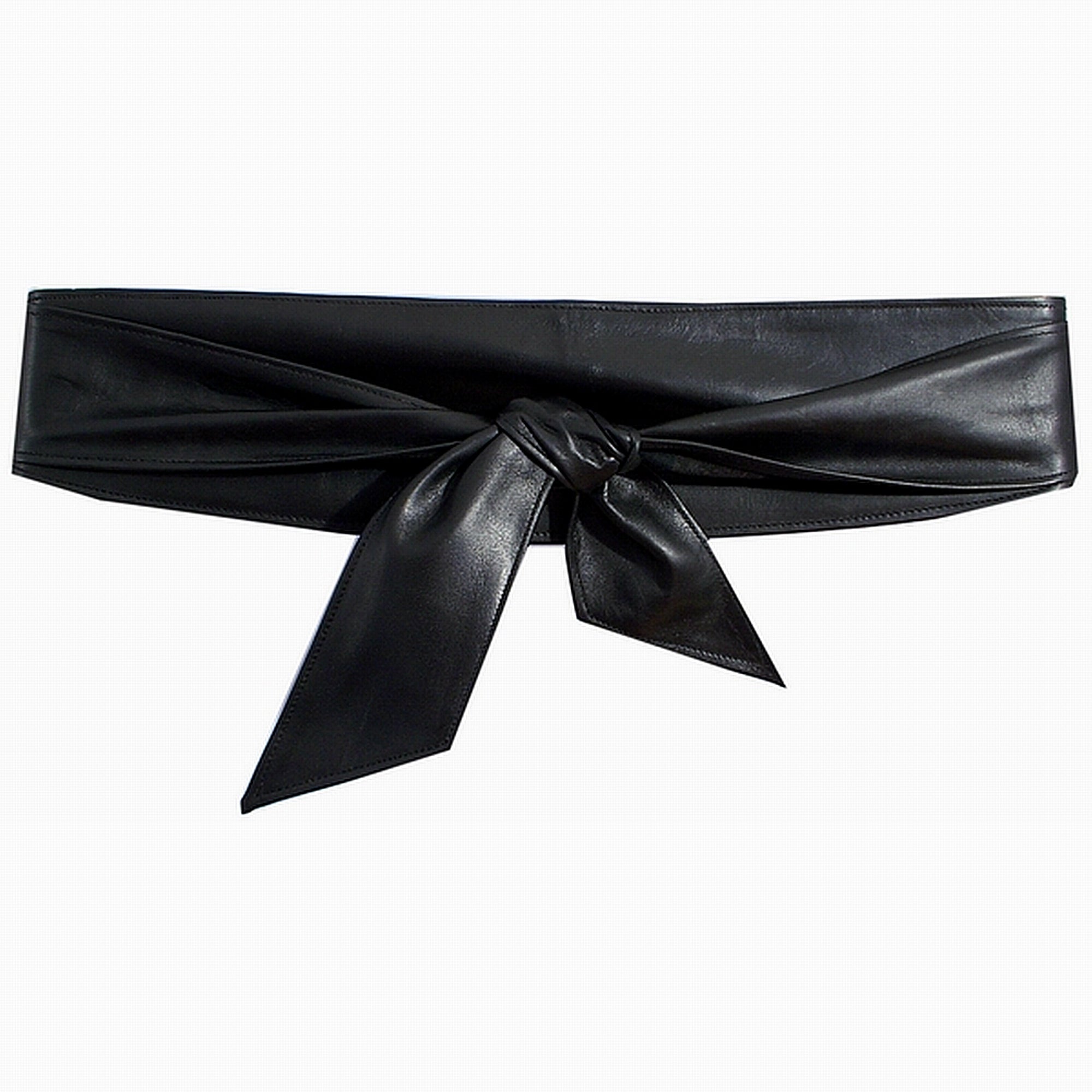 A wide black leather belt styled in a knot, presented flat against a solid white background.